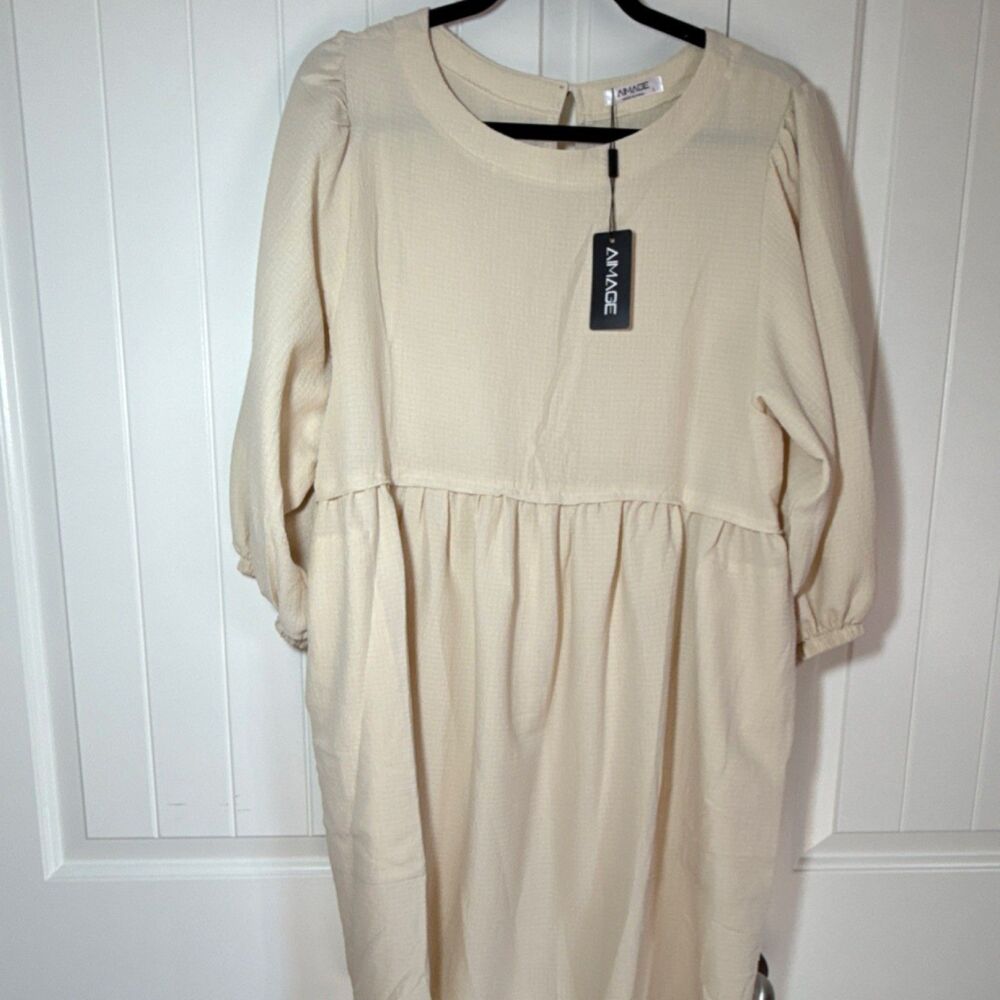 AIMAGE Beige Fit & Flare Midi Dress Button Pleated Pockets 3/4 Balloon Sleeve L